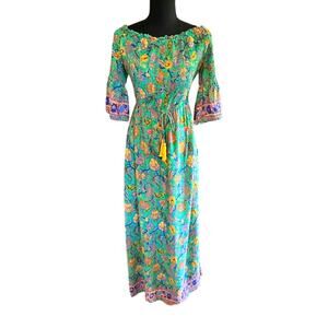 Patchouli Fair Boho Maxi Dress Size L  Paisley Floral, Tassel Tie Waist